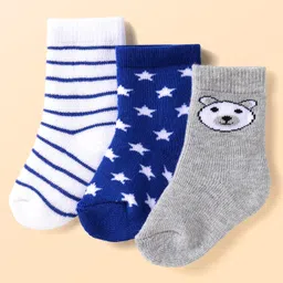 Cute Walk by Babyhug Terry Knit Ankle Length Antibacterial Striped Socks with Stars & Bear Design Pack of 3 - White Blue & Grey-picture-28