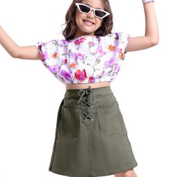 OLLINGTON ST. 100% Cotton Half Sleeves Top with Print & Woven Twill Lycra Skirt - White & Olive-picture-31