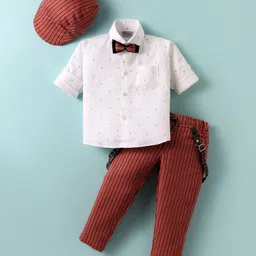 Dapper Dudes Full Sleeves Abstract Printed Shirt With Striped Pant Bow Cap & Suspender Set - Peach-picture-25