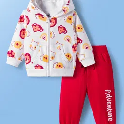 Doodle Poodle 100% Cotton Terry Knit Full Sleeves Hooded Winter Wear Suit with Animal Print - Red & White-picture-24