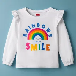 Babyhug 100% Cotton Knit Full Sleeves T-Shirt with Rainbow Graphic & Frill Detailing - White-picture-14