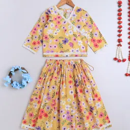BAATCHEET Cotton Woven Three Fourth Sleeves Floral Printed & Lace Embellished Coordinating Choli Lehnga Set - Yellow-picture-10