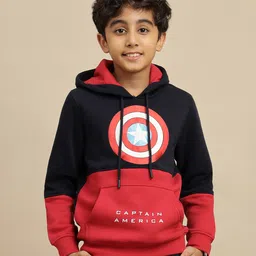 Kidsville Knit Marvel Featuring Full Sleeves Captain America Printed Light Winter Hoodie - Red & Navy Blue-picture-20