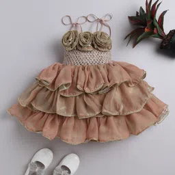 TINY MINY MEE Elastane Woven Sleeveless Floral Applique Detailed Layered Dress - Golden-picture-25