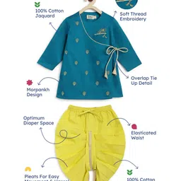 Tiber Taber Full Sleeves Peacock Feathers Foil Printed Angrakha Style Kurta With Dhoti - Blue image 3