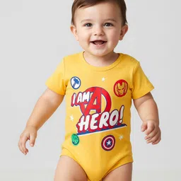 Babyhug Marvel Interlock Knit Half Sleeves Onesies with Avengers Print Pack of 3 - Yellow Blue & White image 2