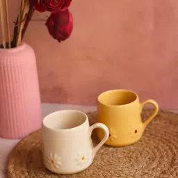 WEAVING HOMES Set Of 2 Yellow & Off WhiteSolid Ceramic Glossy Cups and Mugs image 2