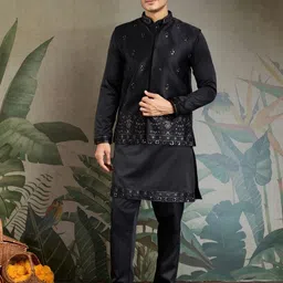 ODETTE Black Silk Blend Embroidered Stitched Kurta Set For Men-picture-30