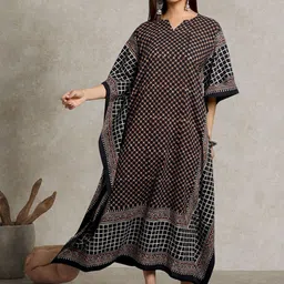 Taavi Printed Cotton Notch Neck Kaftan Dress-image-43