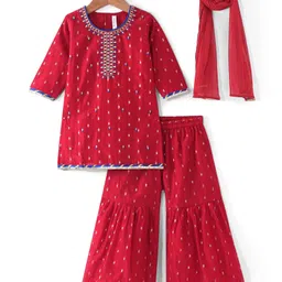 Babyhug Woven Three Fourth Sleeve Chanderi Embroidered Kurti Palazzo and Dupatta Set - Red image 4
