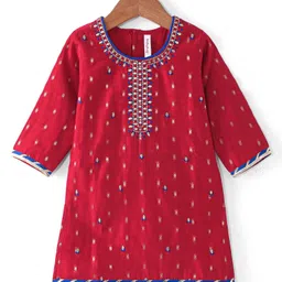 Babyhug Woven Three Fourth Sleeve Chanderi Embroidered Kurti Palazzo and Dupatta Set - Red image 5