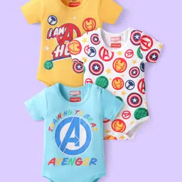 Babyhug Marvel Interlock Knit Half Sleeves Onesies with Avengers Print Pack of 3 - Yellow Blue & White image 5