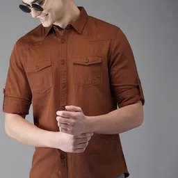 HERE&NOW Men Brown Regular Fit Solid Sustainable Casual Shirt-picture-31