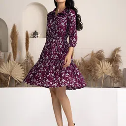 AASK Floral Printed Puff Sleeve Fit & Flare Dress with Belt image 4