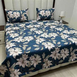 Pure Decor Blue & Cream-Coloured Floral Polycotton 4 Piece Double King Superfine Bedding Set-image-65