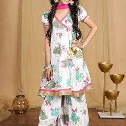 Cutiekins Girls Floral Printed Angrakha Kurta with Sharara & With Dupatta image 2
