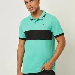 Lee Teal & Black Cotton Slim Fit Colour Block Polo T-Shirt-image-45