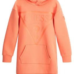 GUESS kids Girls Cotton Hood Cuffed Sleeves Brand Logo Self Design A-Line Mini Dress-image-38