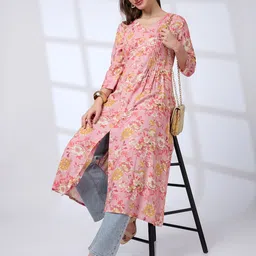 Globus V-Neck Floral Print Pleated Front Slit A-Line Workwear Kurta-image-7