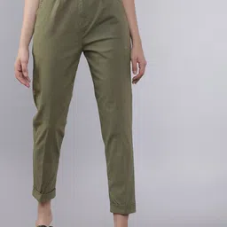 Tokyo Talkies Women Olive Green Tapered Fit Solid Regular Trousers-picture-0
