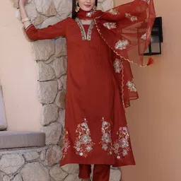 KALINI Women Floral Embroidered Regular Thread Work Kurta with Trousers & With Dupatta image 3