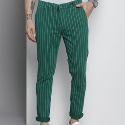 The Indian Garage Co Men Green Striped Slim Fit Chinos-picture-49