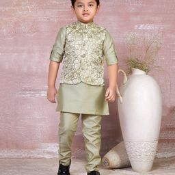 Ministitch Full Sleeves Solid Kurta & Pyjama With Seamless Abstract Geomteric Self Design Detailed Jacket - Green-picture-7