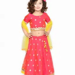 Saka Designs By Sapna Half Sleeves Polka Dots Foil Printed & Laced Embellished Lehenga Choli With Dupatta - Magenta Pink & Yellow-picture-29