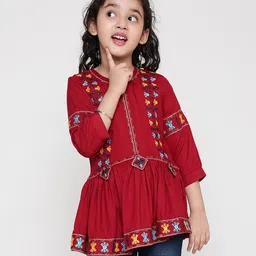 ISHTI Three Fourth Sleeves Mirror Work & Floral Embroidered Top - Maroon-picture-19