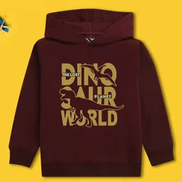NUSYL Fleece Full Sleeves Dinosaur Printed Hoodie - Burgundy-picture-27