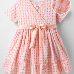 Mark & Mia Cotton Woven Half Sleeves Frock With Checks & Bow Detailing - Peach-picture-23