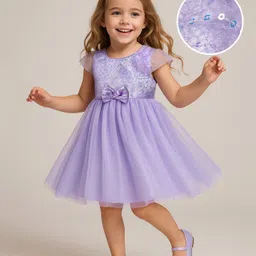 Babyhug Woven Cap Sleeves Party Dress with Sequin Detailing & Bow Applique - Lavender-picture-28