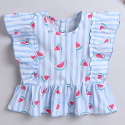 The Magic Wand Cotton Sleeveless Striped & Watermelon Printed Frill Detailed Top - Blue-picture-10