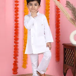 Polka Tots Cotton Woven Full Sleeves Solid Kurta & Pyjama Set - White-picture-19