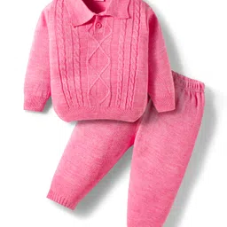 Babyhug Knit Full Sleeves Collar Neck Sweater Set With Cable Knit Design - Pink-picture-20