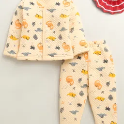 Bumzee Knit Full Sleeves Winter Wear Front Open T-Shirt & Lounge Pant Co-Ord Set With Dino Print - Peach-picture-11