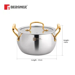Bergner BE Essentials Triply Stainless Steel 16cm / 2.2 L Rice Handi with Flat Glass Lid - Induction Bottom image 3