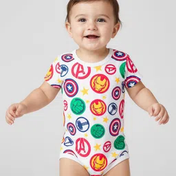 Babyhug Marvel Interlock Knit Half Sleeves Onesies with Avengers Print Pack of 3 - Yellow Blue & White image 4