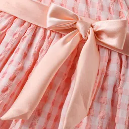 Mark & Mia Cotton Woven Half Sleeves Frock With Checks & Bow Detailing - Peach image 4