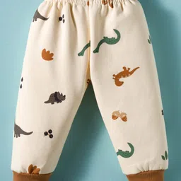 Teddy Fleece Knit Full Sleeves Winter Wear T-Shirt & Joggers Set with Dino Print - Light Brown & Beige image 4