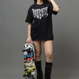 GO DEVIL Women Typography Printed Pockets T-shirt image 3