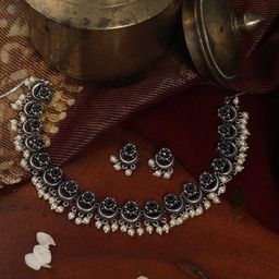 TEEJH Oxidised Silver-Plated Black & White Faux Stone-Studded & Beaded Handcrafted Jewellery Set-picture-46