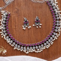 TEEJH Oxidized Silver-Plated Magenta Pink & White Stone-Studded Pearl Beaded Jewellery Set-picture-4