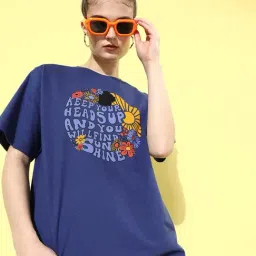 Dillinger Blue Cotton Graphic Print Oversized T-Shirt-image-10