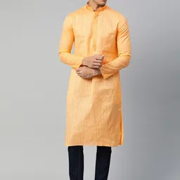 Manthan Men Orange Striped Straight Kurta with Thread Work Detail-picture-19
