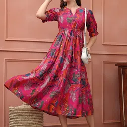 Helene Women Floral Printed Puff Sleeves Tiered Pleated Detail Fit & Flare Midi Dress-picture-24