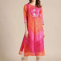Varanga Women Pink & Orange Striped Gotta Patti Cotton Kurta-image-68