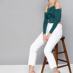 Veni Vidi Vici Women Teal Green Solid Cropped Bardot Top-picture-13