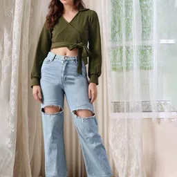 DressBerry Women Shirt Collar Cuffed Sleeves Wrap Crop Top image 1