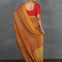 Chidiyaa Mustard Cotton Linen Hand Block Printed Saree image 2